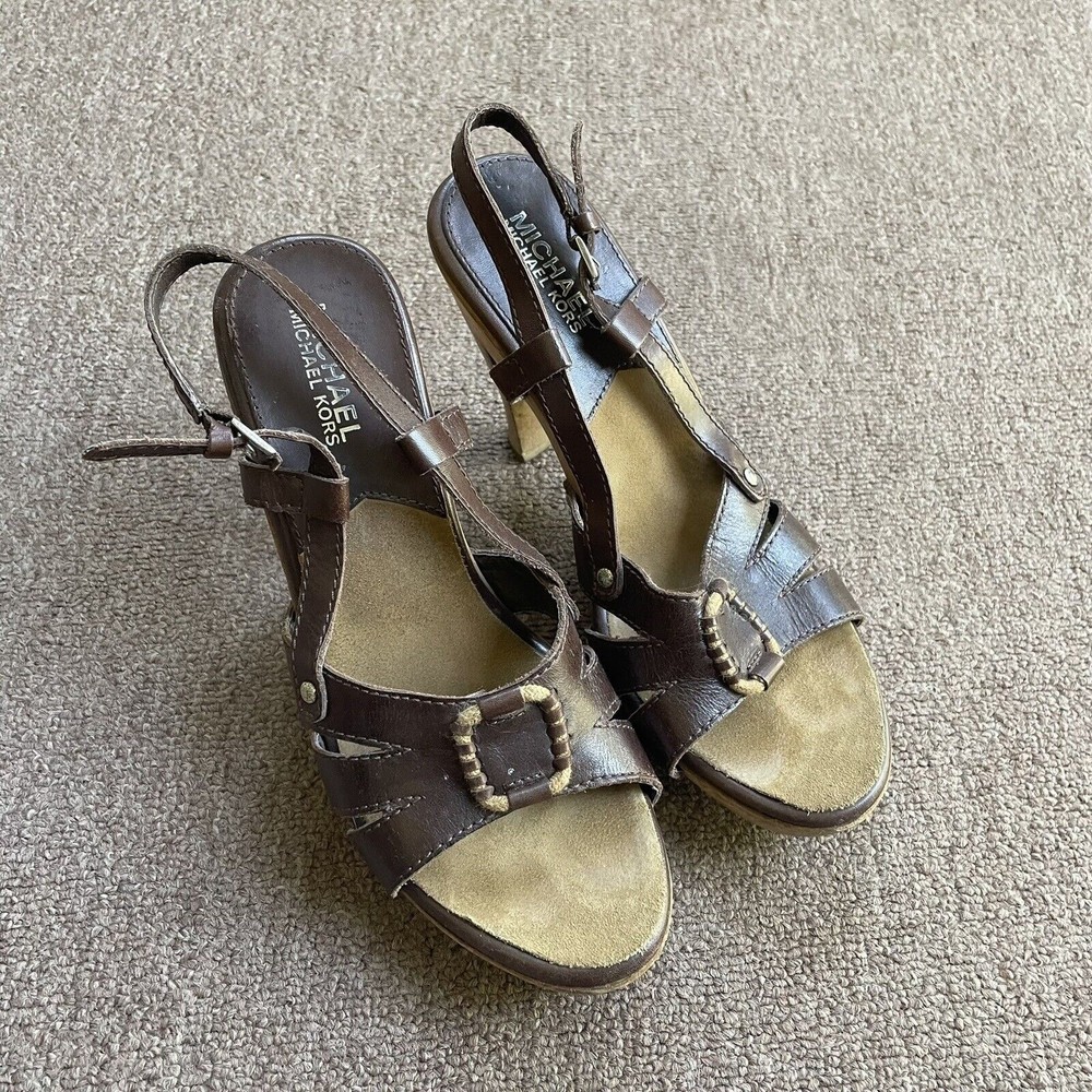 Michael Kors Brown Leather Clog Heels Wood Sole Boho Size 8